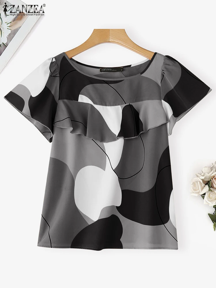 ZANZEA ผู้หญิงเสื้อวินเทจพิมพ์เสื้อ 2025 ฤดูร้อนแขนสั้นเสื้อ Ruffled Casual Bohemian หลวม Blusas Femininas