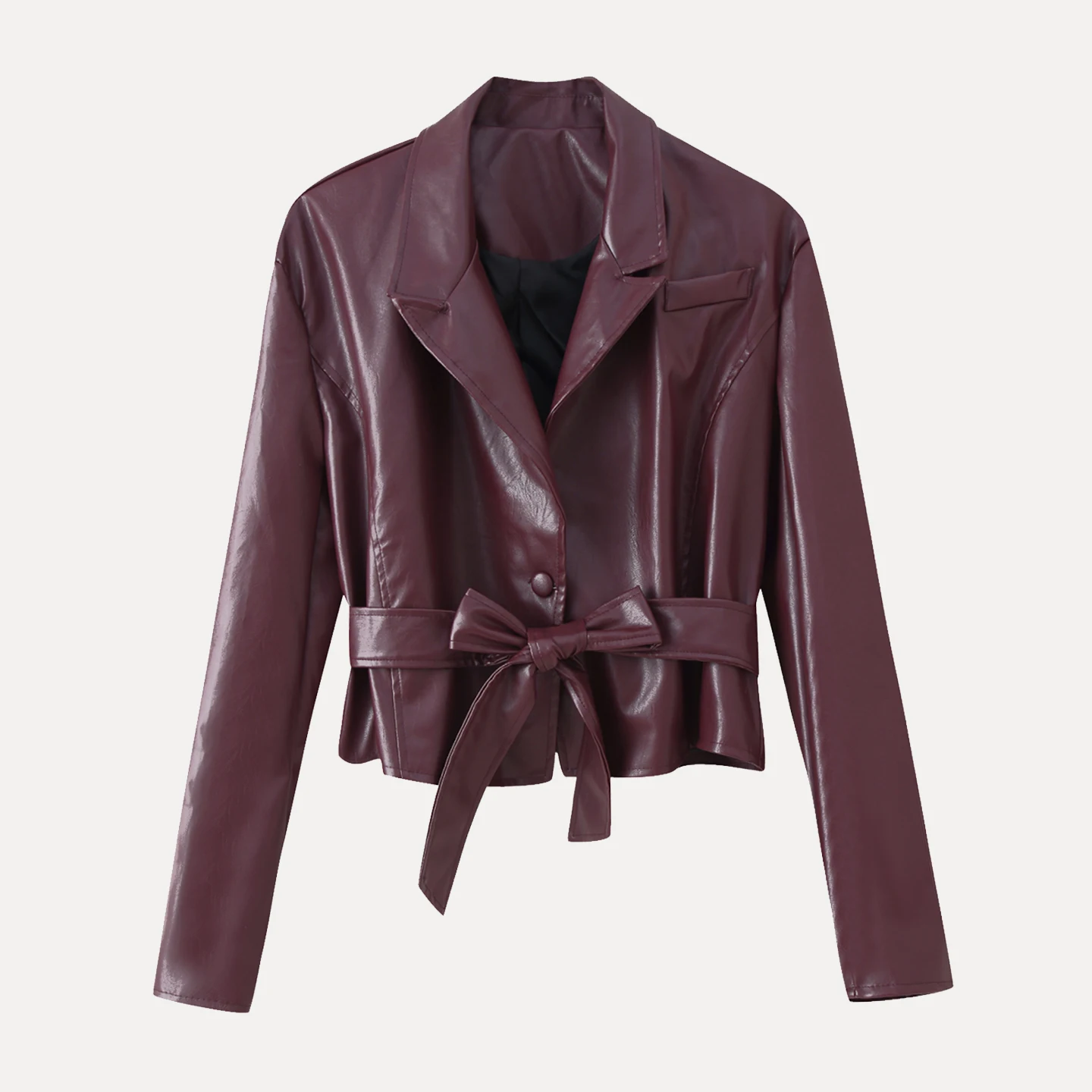 Nowa damska kurtka skórzana na jesień 2025, z długim rękawem, wiązana w talii, z kołnierzem, idealna do dojazdów do pracy, młodzieżowa, o luźnym kroju.