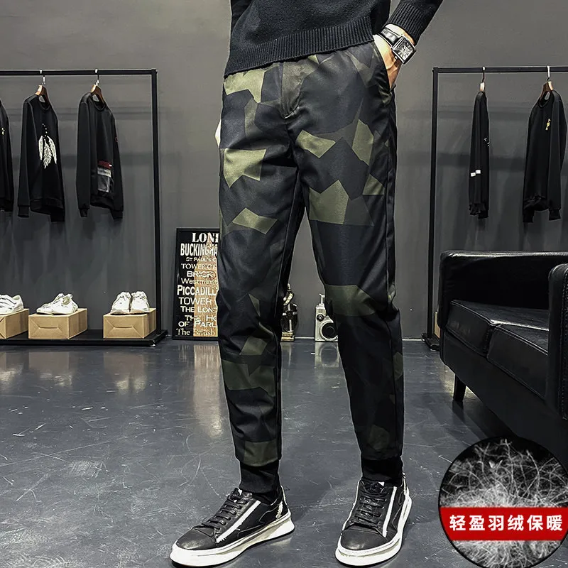 Thick and Warm Ankle Camouflage Trousers, Pressed Glue, Slim Fit, White Duck Down Pants, Winter Outerwear, Ankle