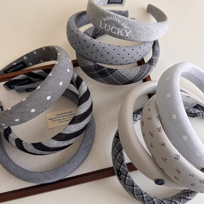 New Retro Grey Series Headbands Polka Dots Stripes Wide Hair Band Womans Temperament Hair Hoop Lady Winter Fashion Accessories