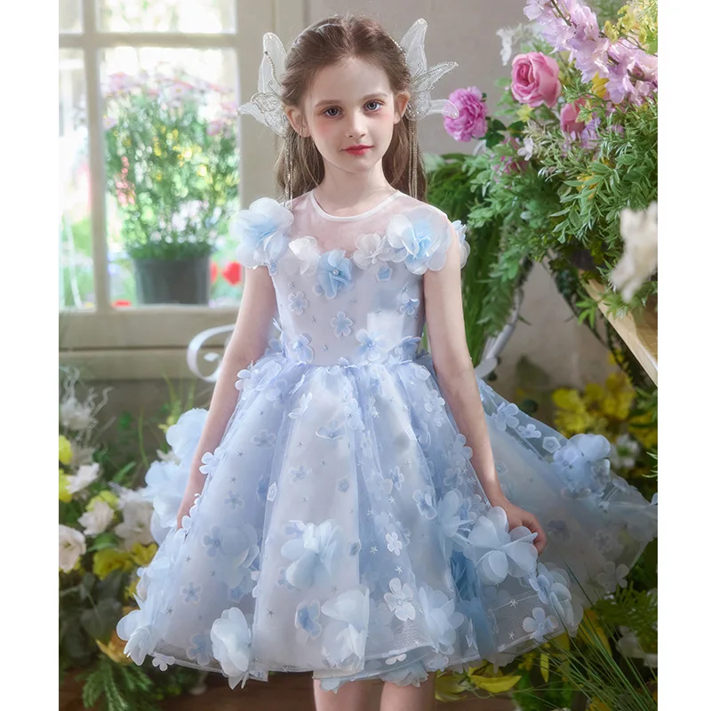 

Girls dress high-end light luxury niche piano performance blue birthday princess dress girl host children's wedding dress