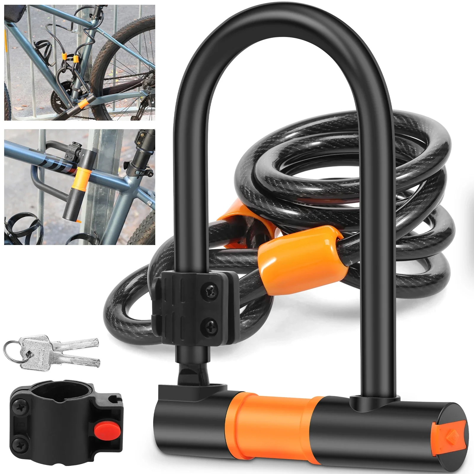 

Bicycle U-Lock with 3.94ft/1.2m Double Loop Cable Secure Anti-Theft Bicycle Bike Lock with Waterproof Sliding Cover or Mountai