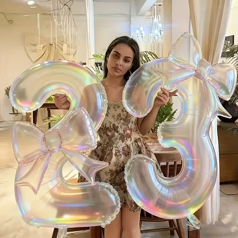 

A Set of 2pcs of 40-Inch Colorful Transparent Number Balloons with Bow Balloons for Kids Adults Birthday Party Decoration Favors