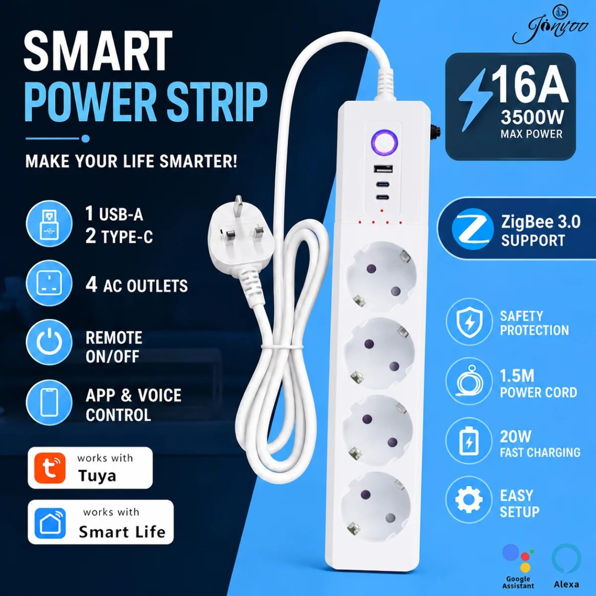 Tuya Zigbee 20W Fast Charging Power Strip EU Smart Plug Remote Control Timer Type-C USB Work With Smart Life Alexa