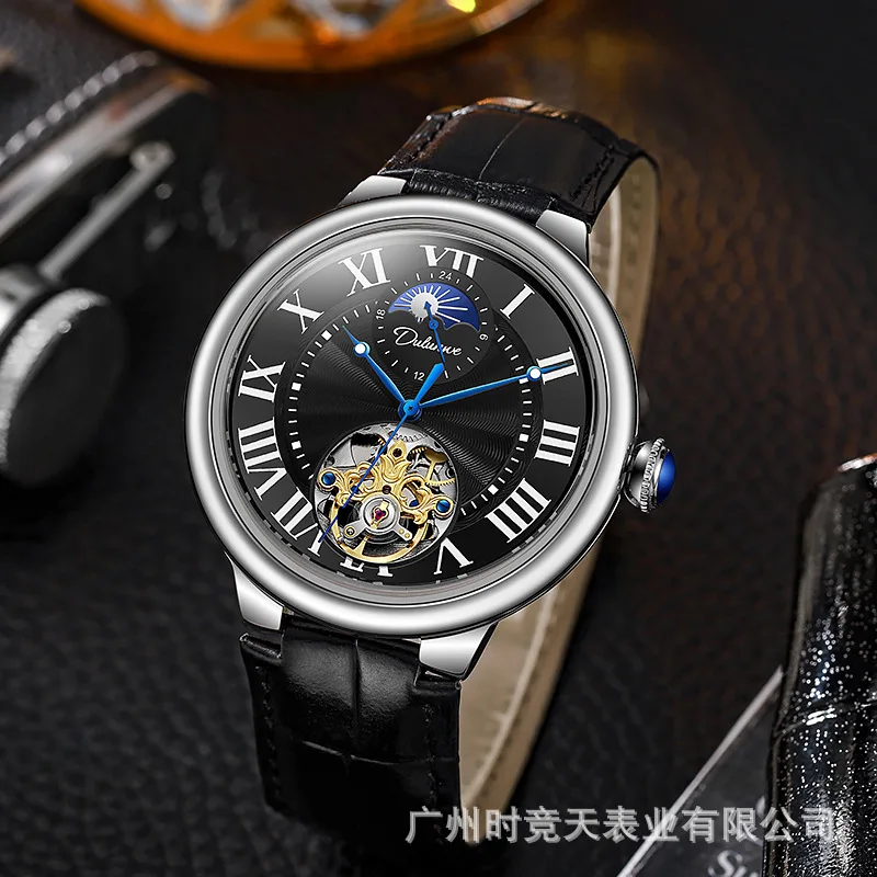 Stainless Steel Blue Balloon Series Skeleton Flywheel Moonphase Luminous Waterproof Self-Wind Automatic Watch for Men