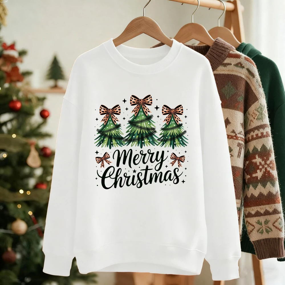 Frohe Weihnachten Bogen Bäume Gedruckt Sweatshirts Frauen Lose Grundlagen Hoodie Fleece Warme Crewneck Kleidung Winter Casual Sportswear