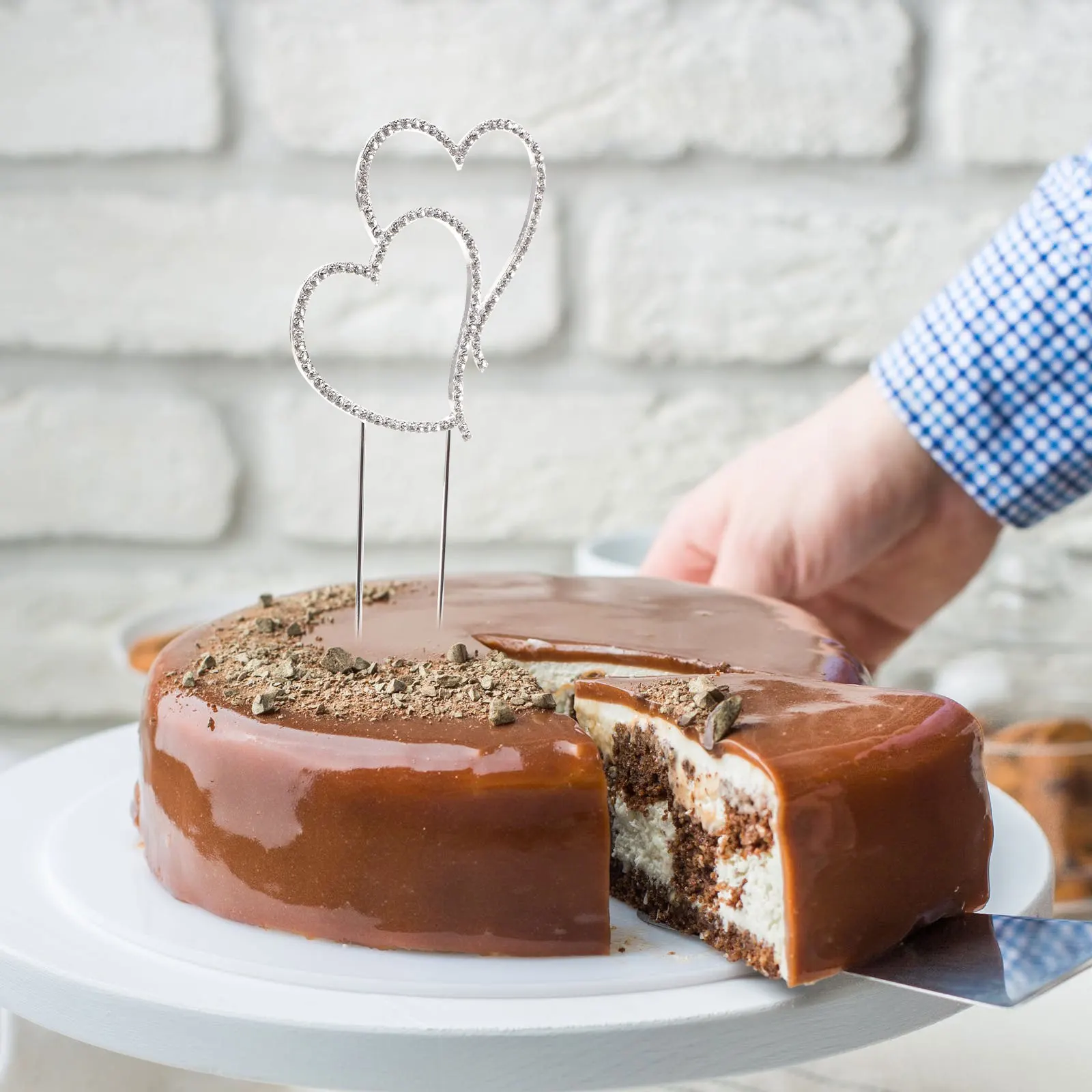 

Sparkling Crystal Rhinestones Double Love Heart Wedding Cake Topper Silver L 11Cm Alloy Decorations For Birthday Party