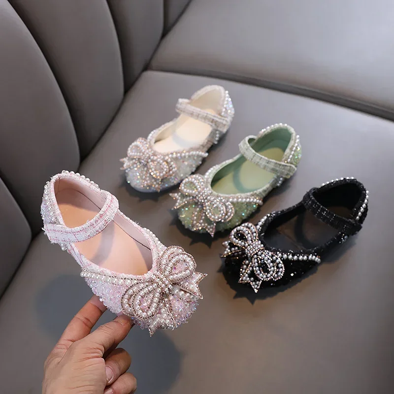 Girls Shoes Bling Single Shoes for Stage Performance Mary Janes Bow Crystal Glitter Wedding Flats Dance Party Leather Shoes New