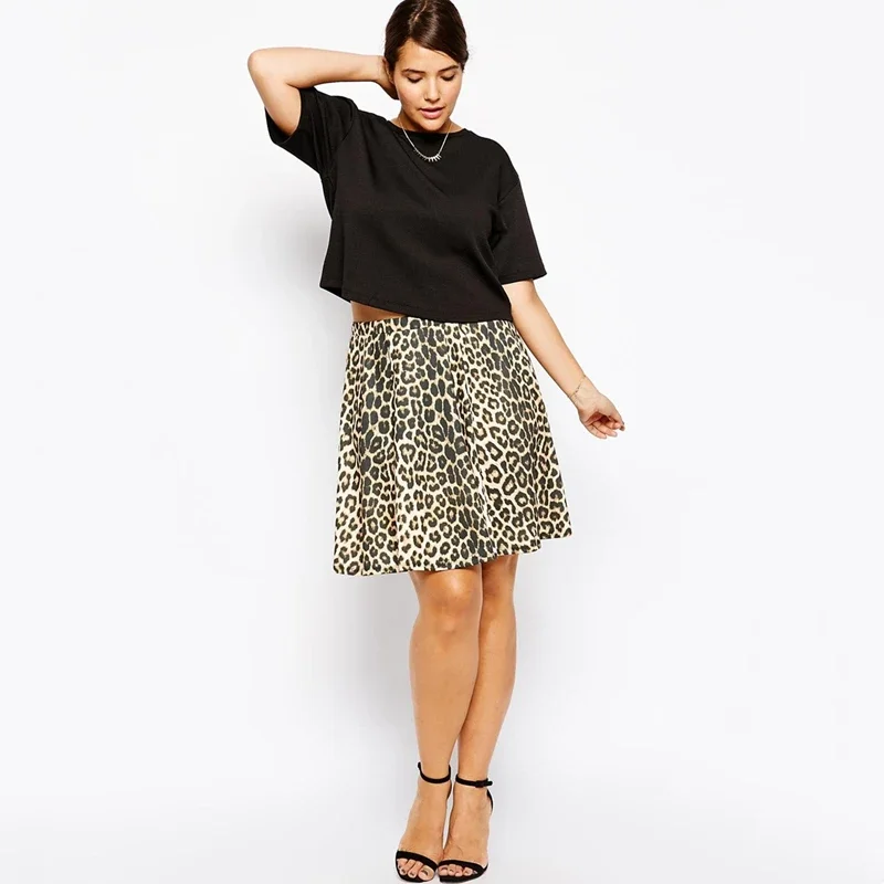 Plus Size Summer Elegant Leopard Print Skirt Women Elastic Waist Knee Length Casual A-line Skirt Plus Size Bottoms Women 6XL 7XL