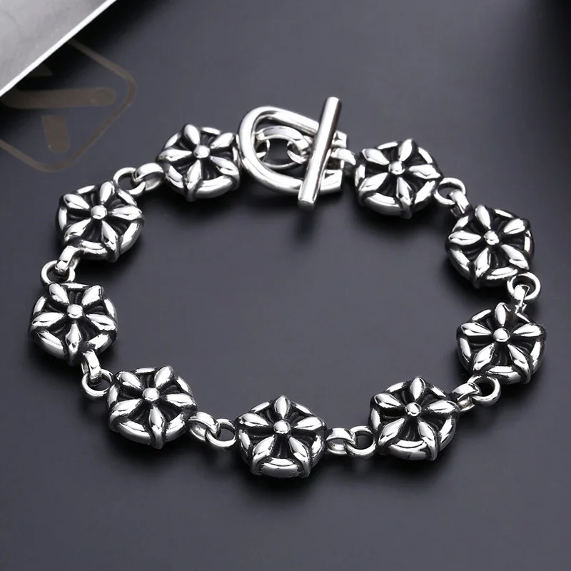 S925 Sterling Silver Star Bracelet 14mm Old Process 20CM Heavy Body OT Closure Unisex Design Fine Jewelry FYBT137