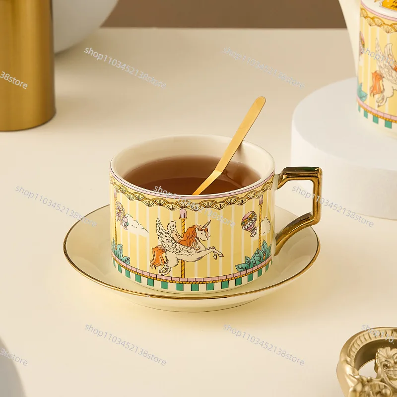 Ceramic Tea Set Carousel Gift Box British Teapot Gold-plated Coffee Cup and Saucer