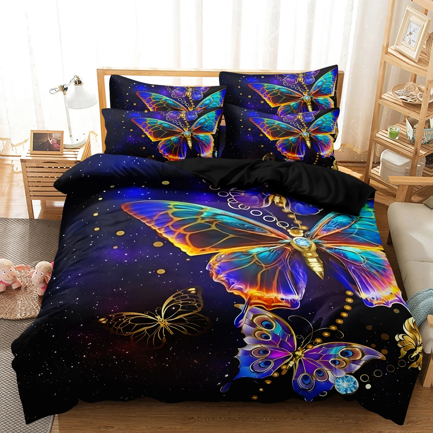 3Pcs Galaxy Butterfly Duvet Cover Set, Black Dark Star Sky Rainbow Golden Butterfly Printed Bedding, Multiple Sizes Available