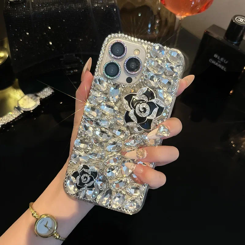 

Phone Case For Iphone 15Plus 13 Mini 14 Pro Max 11 12Pro Max Xs Xr 7 8 Plus Case Rhinestone Camellia Flower Telefon Kilifi Funda