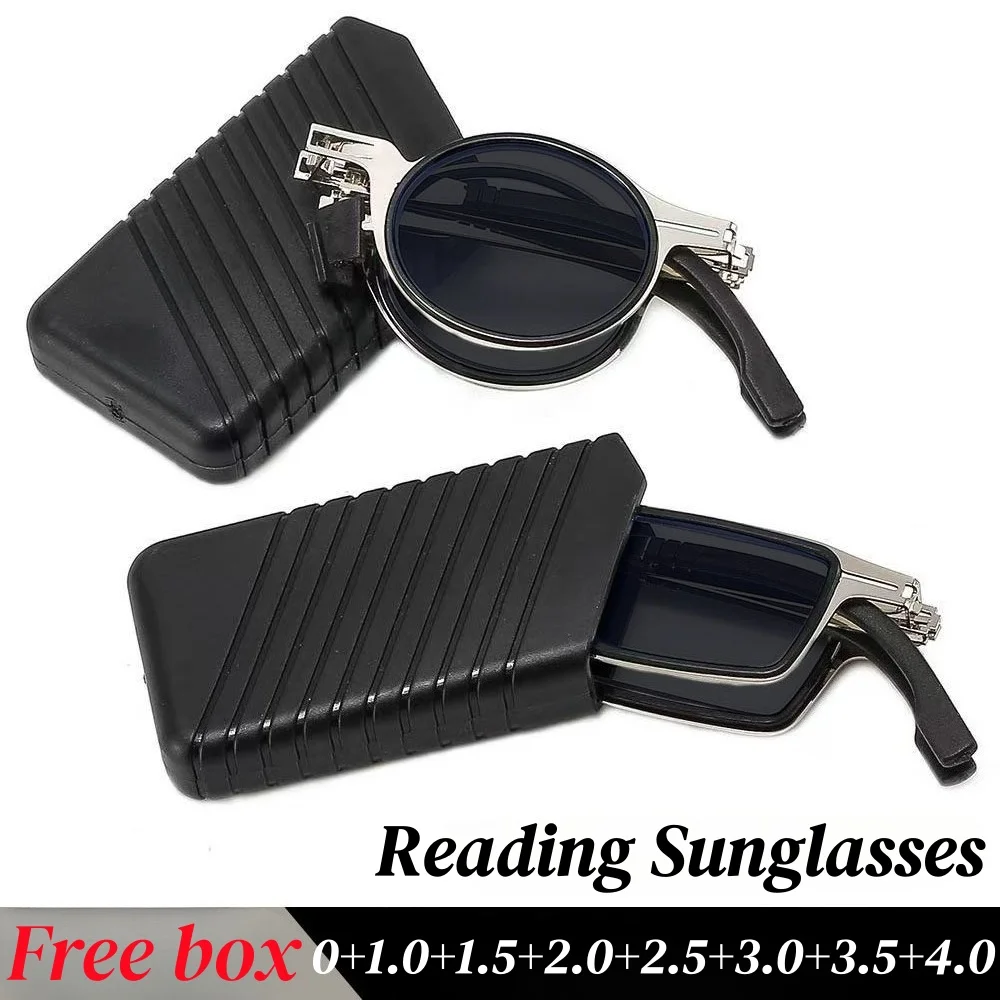 

New Folding Reading Sunglasses with Box Women Men Portable Metal Square or Round Frame Outdoor UV Protection Presbyopia Eyewear