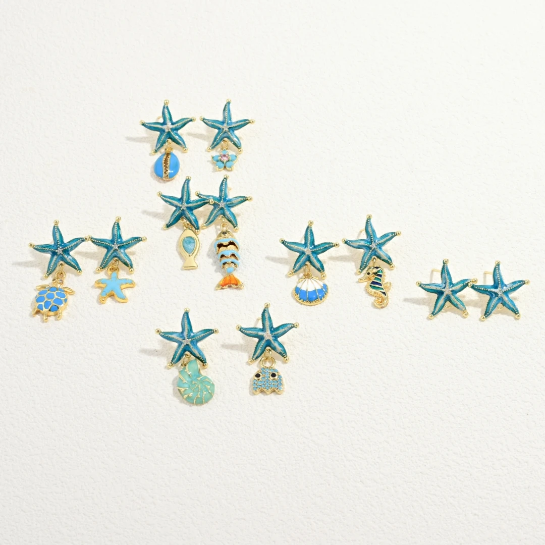 Blue Starfish 18K Gold Plated Enamel Drop Earrings Ocean Sea Creature Dangle Earrings for Summer Beach:VE1895-VE1905