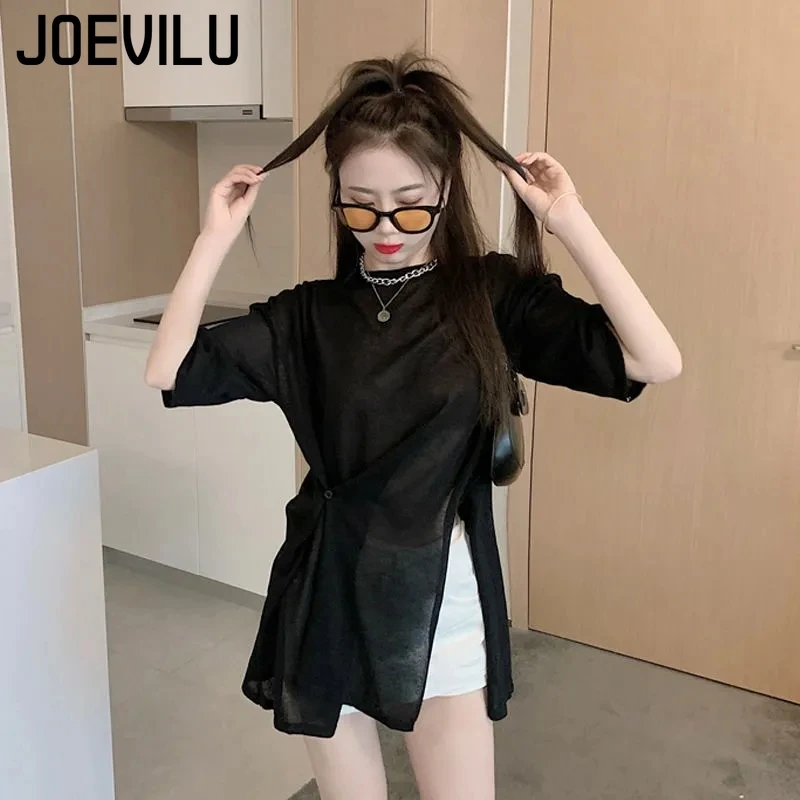 Split Irregular Tops Women\'s Summer Mid Length Half Sleeve T-shirt Korean Fashion Loose Slightly Transparent Sunscreen Blouse