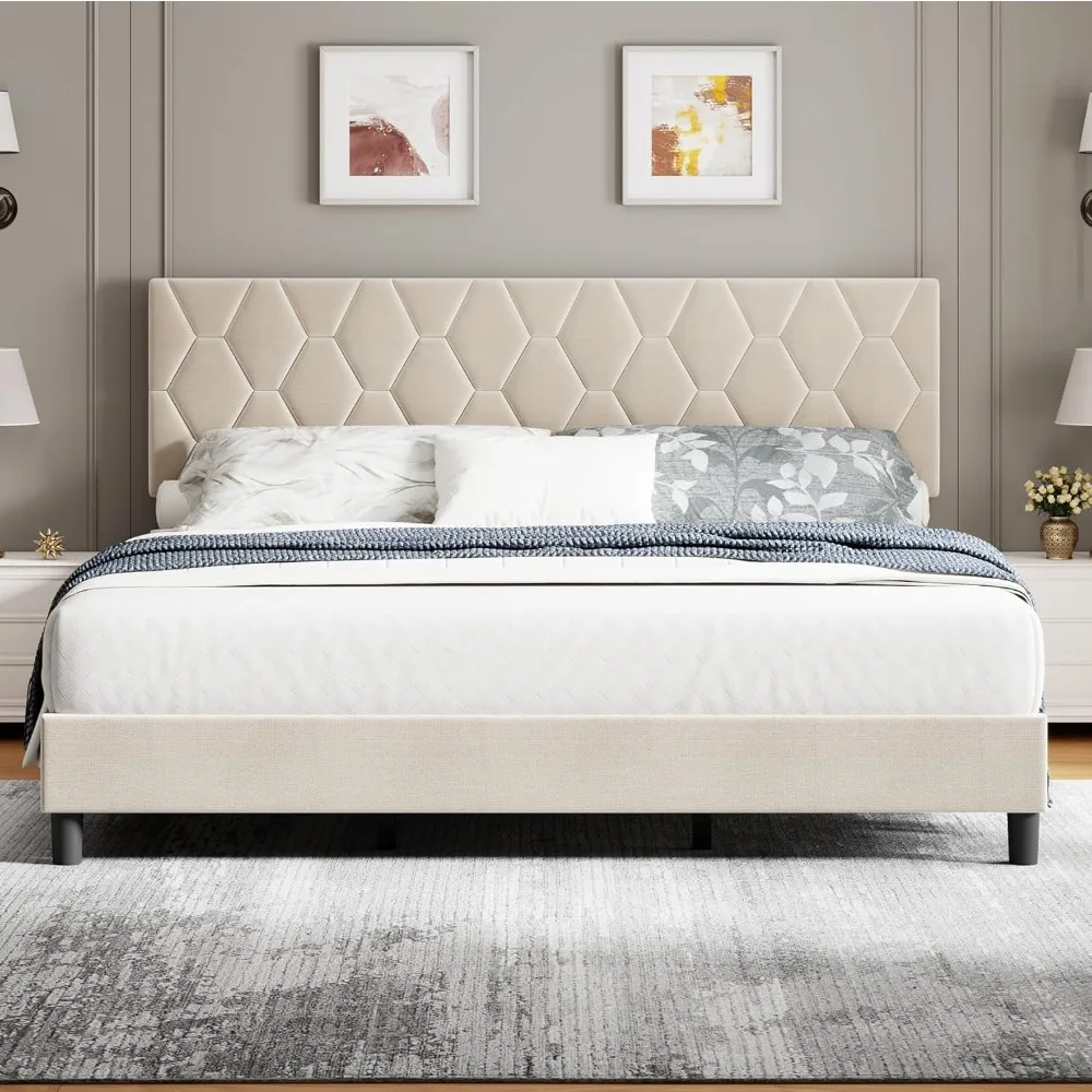 

King Bed Frame with Upholstered Headboard, Upholstered Bed Frame, Heavy-Duty Platform Bed Frame with Adjustable Headboard