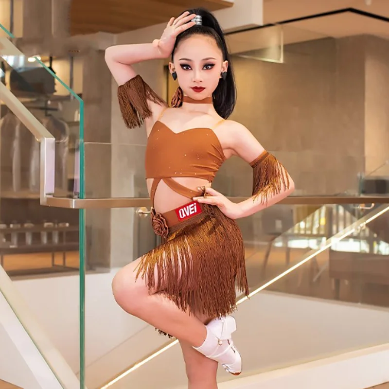 Vêtements de danse latine pour enfants filles, bretelles Spaghetti, dos nu, jupes à franges, ensembles de Costumes de spectacle de Festival Rumba