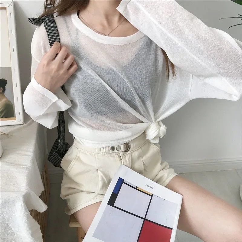 

Summer Tshirt Women Beach Thin See Through Oversize Tees Korean Chic White Top High Street Casual Long Sleeve Shirts