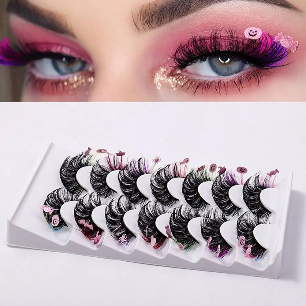 7 คู่ขนตาปลอมสีสันหนาค้างคาวฮาโลวีนเลื่อม Mink Eyelashes ฟักทองแม่มด Full Strip