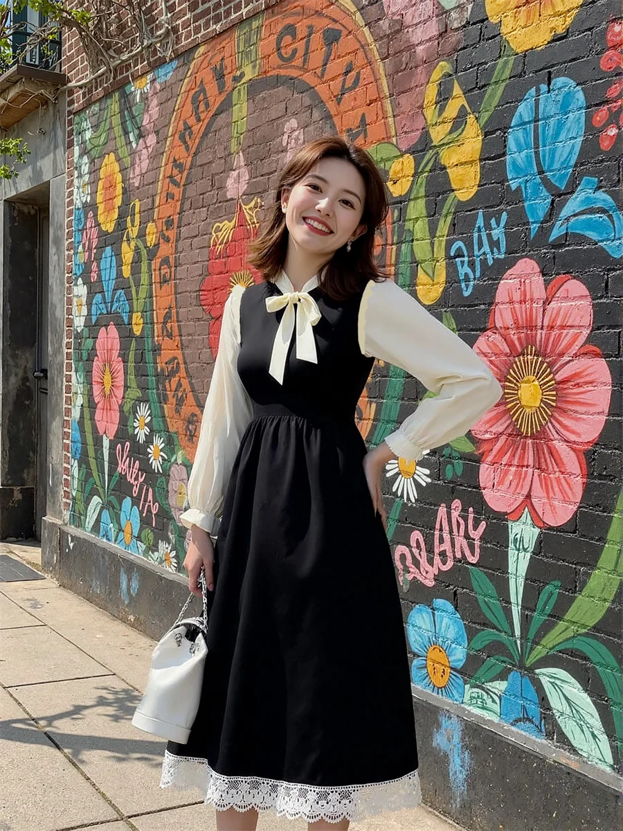 Vestidos femininos preto a linha retalhos outono primavera padrão bolinhas sem mangas em camadas de comprimento médio fino ajuste amarrado cintura alta