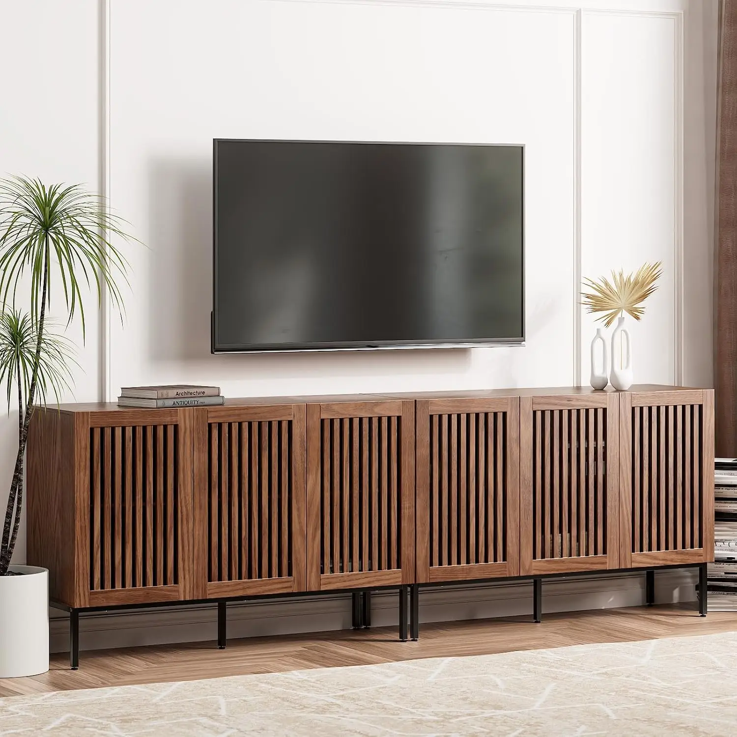 Farmhouse TV Stand for TVs up to 100 inch, 2 in 1 Entertainment Center TV Console with Storage Cabinets and Metal, Customized