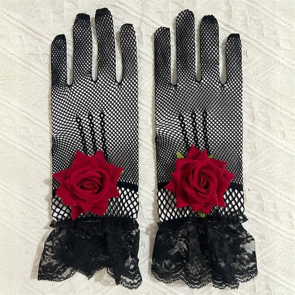 Unique Rose Flower Fishnet Gloves Thin Hollow Out Lace Gloves Gothic Breathable Bridal Gloves Dance Costume