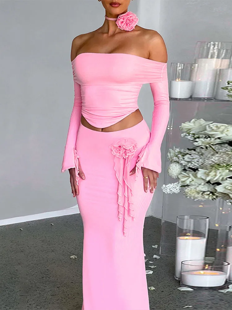 Taruxy Blume Bodycon Rock setzt Frauen schlanke sexy rücken freie Schnür oberteile Frauen Party elegantes Kleid 2 Stück Damen anzüge Outfits