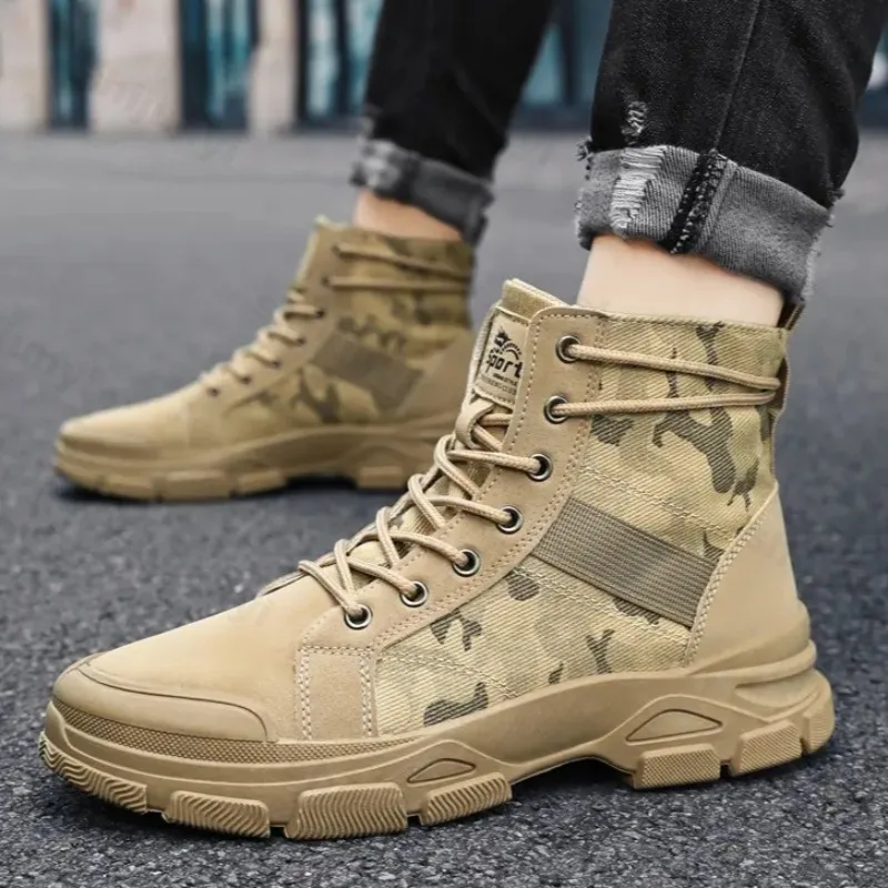 Botas cortas informales de suela gruesa con diseño de camuflaje Retro para hombre, botines de moda antideslizantes y cómodos, novedad de otoño 2025