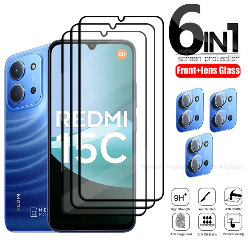 6 en 1 pour Xiaomi Redmi 15C verre pour Redmi 15C verre trempé 9H HD protection couverture complète protecteur d'écran Redmi 15C verre d'objectif