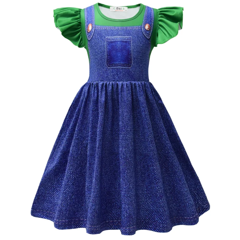 Anime Super Bros Costume for Kids Halloween Party Dresses Luigi-Lover Brothers Peach Princess Cosplay Clothes Girls Fancy Dress