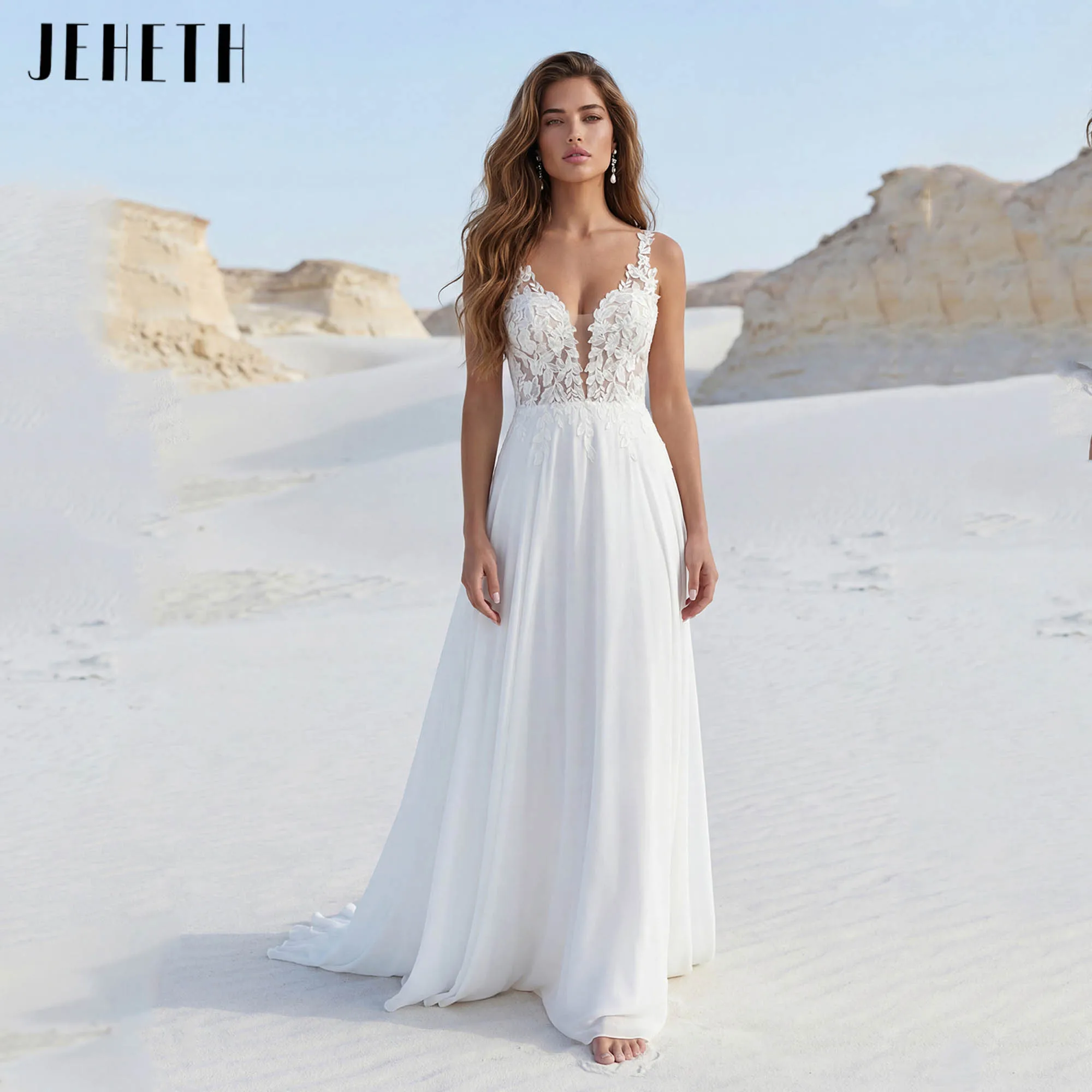 JEHETH Customized Boho Beach Wedding Dress V-Neck Appliques A-Line Chiffon Bridal Gown For Destination Wedding Vestidos De Novia