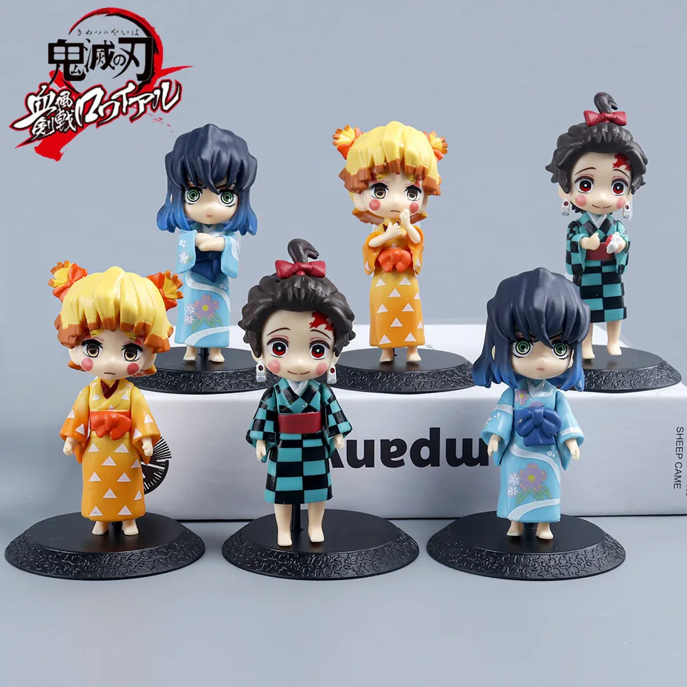 

6pcs Demon Slayer Q Version PVC Figure Flower Street Kimono Style Tanjiro My Wife Shanyi Crane Machine Anime Model Ornament Toys