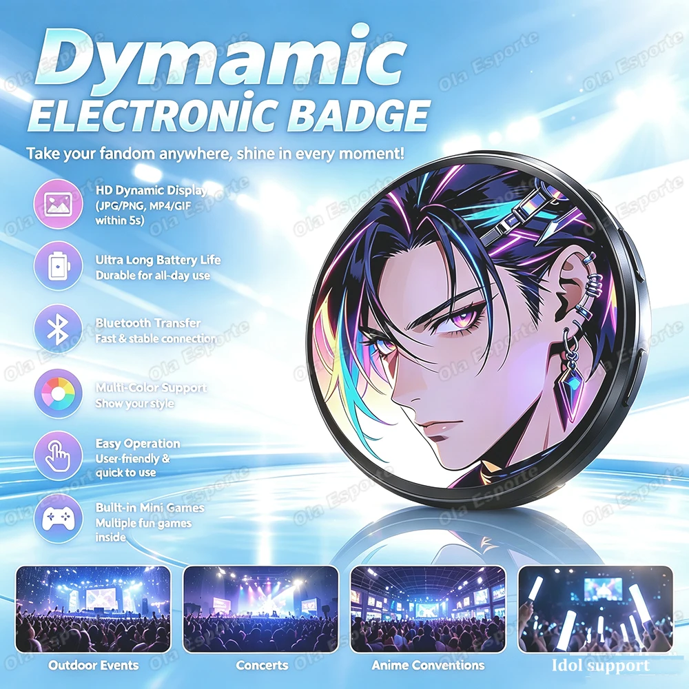 Elektronisches Abzeichen mit HD-Display, Bluetooth, GIF-Videowiedergabe, Touchscreen, LED, Audio-Video-Wiedergabe, Dynamisches Smart-Abzeichen, Neu für Fans
