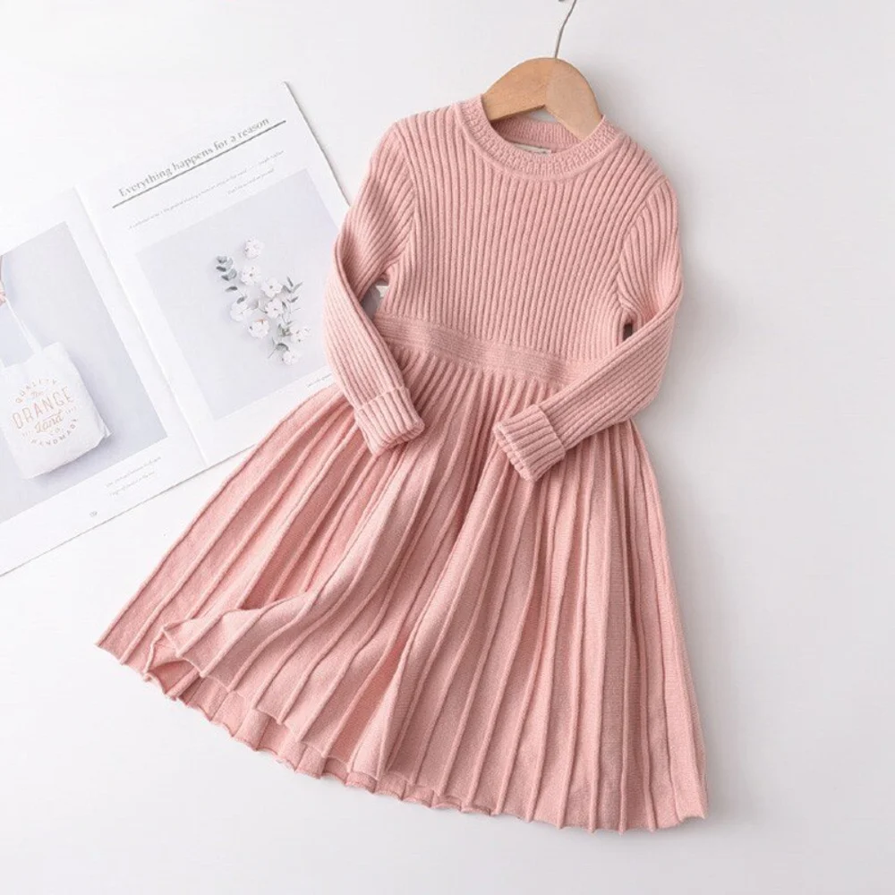 Flower Girl Dresses Autumn and Winter Solid Color Round Neck Long Sleeved Pleated Base Dress Kids Dresses for Girls