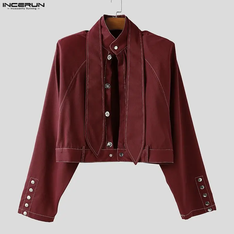 

INCERUN Men Jackets Patchwork Stand Collar Long Sleeve Button Male Coats Streetwear Loose Fashion Casual Crop Jackets Men S-3XL