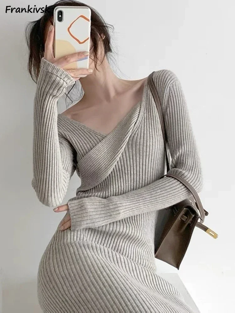 

4 Color Knitted Dresses Women Autumn Square Collar French Style Office Lady Exposed Clavicle Daily Temperament Tender Vestido