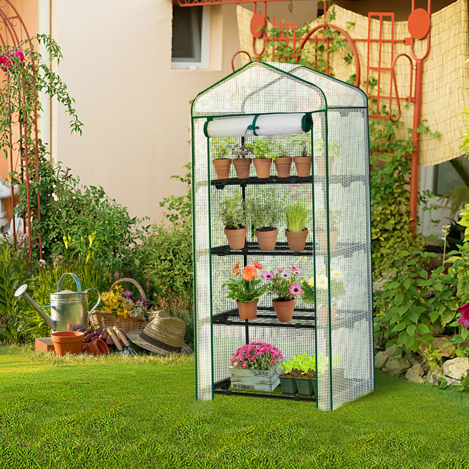 

4 Tier Mini Greenhouse with PE Cover & Roll-Up Zipper Door, Portable Waterproof Greenhouse for Garden Backyard, 27" x 19" x 62"