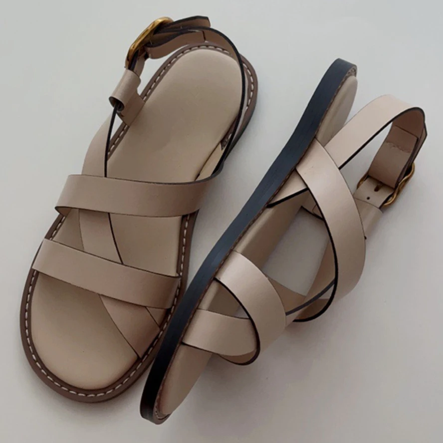 Withered French Fashion Ladies Cross Summer Casual Comfortable Flat Leather Sandals Women Retro Sandals