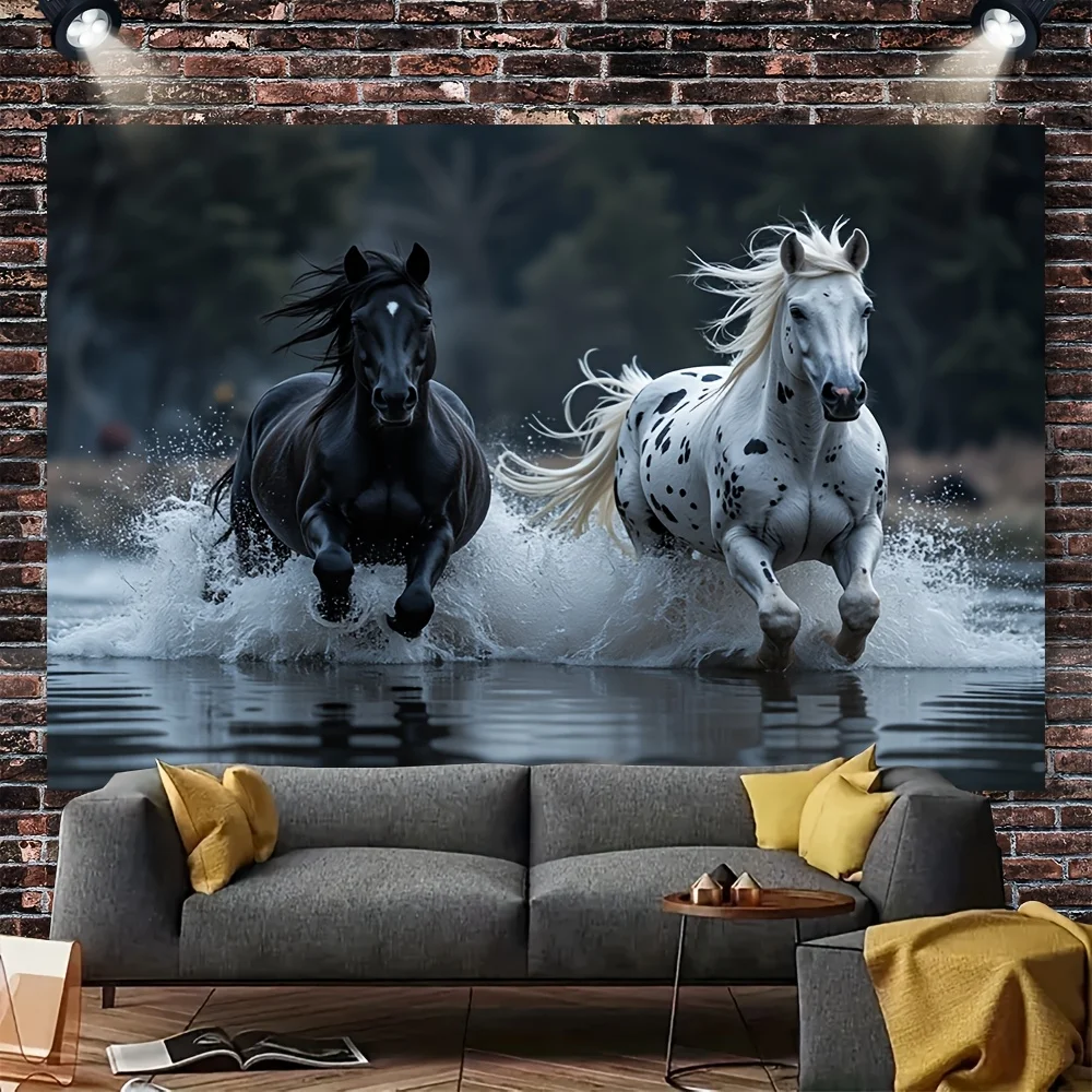 VIKAMA Black and White Steed Tapestry Water Splash Dynamic Wall Carpet Majestic Art Hanging Cloth Living Room Room Decoration
