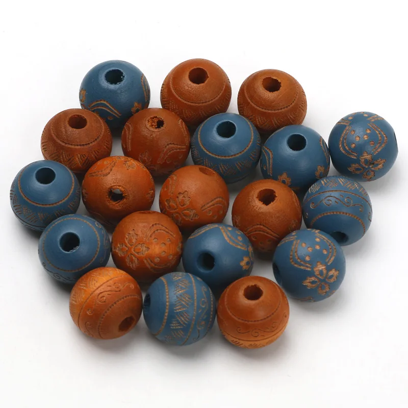 Natural Wooden Beads Carved Pattern Colored Wood Beads 16mm 5/10pcs Loose Round Balls Beads Findings For DIY Jewelry Accessories