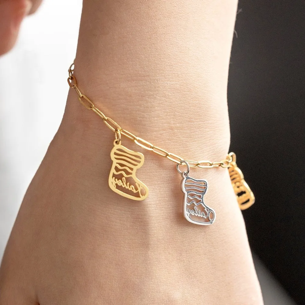 Personalized Christmas Sock Bracelet Family Jewelry Gold Plated Stainless Steel Multiple Name Bracelet For Women Kids Gift