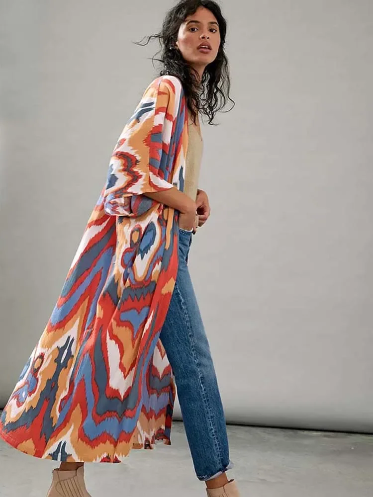 2023 Kimono plażowe Bikini Cover up Robe Beachwear Kaftan Long Dress Swimsuit Cover up Print Tunic for Beach Sarong Pareo Dress