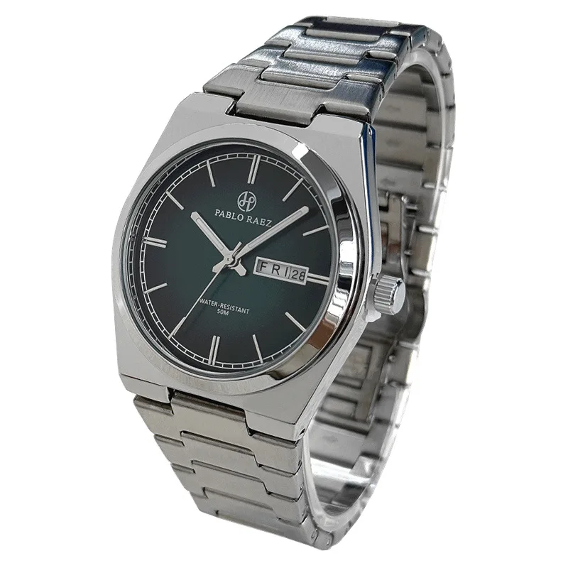 Reloj PABLO RAEZ de acero para hombre, novedad de 2026, esfera verde degradada, cierre de mariposa, calendario Dual, gran oferta de moda P36