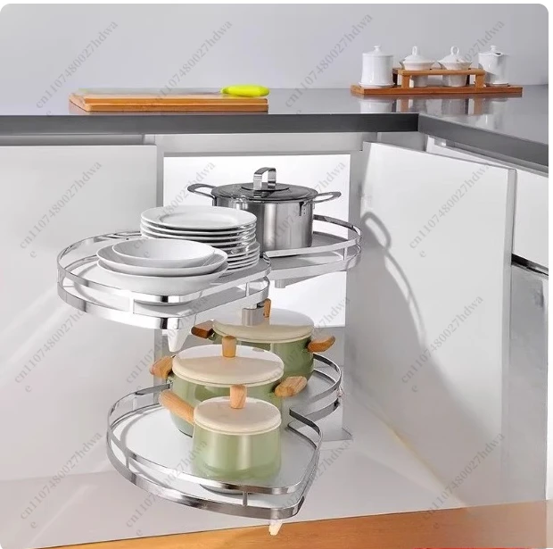 Cabinet Corner Basket Drawer Stainless Steel Double-Layer Whirl Pull-out Storage Organize Kitchen Rs Removable,Height Adjustable