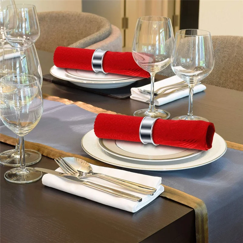 ABFU-12Pcs Silver Metal Napkin Rings With Rhinestones, Elegant Dinner Table Napkin Holders For Wedding Events