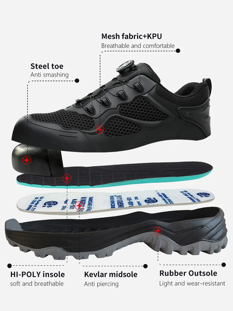 Breathable Indestructible Shoes Men Security Protection Shoes Rotating Button Work Safety Shoes Puncture-Proof Industrial Shoes