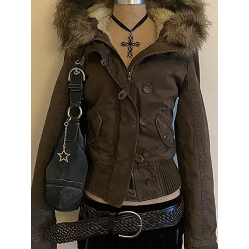 

Новая женская короткая куртка в стиле ретро с кожаным воротником, длинными рукавами, однобортная куртка с карманами Y2k