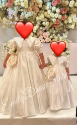 Customized Bridesmaid Ivory Satin Flower Girl Dress For Wedding Half Sleeves Puffy Kids Birthday First Communion Ball Gown