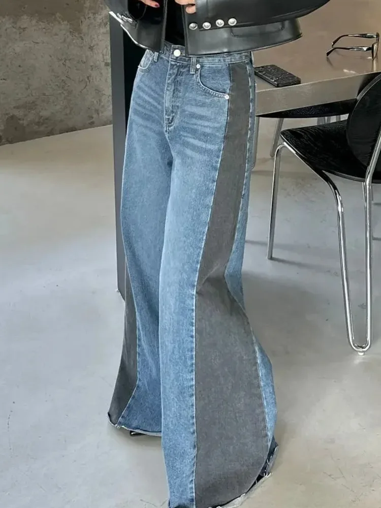 SHENGPALAE Denim Color Block Trousers For Women Vimtage Style Loose Female Patchwork Female New 2025 Wide Leg Pants 5C2000